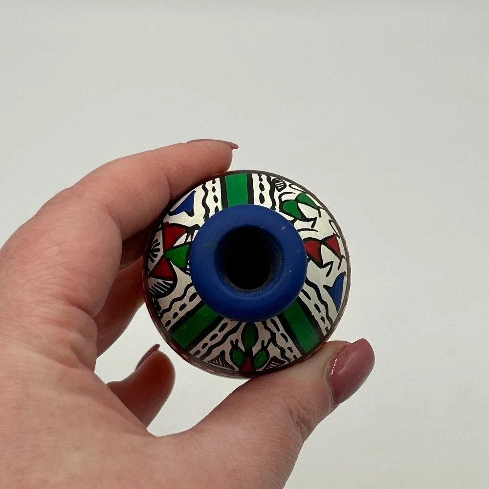 Terracotta Hand Painted Flat Warli Miniature Bud Vase Colorful Indian Tribal Art